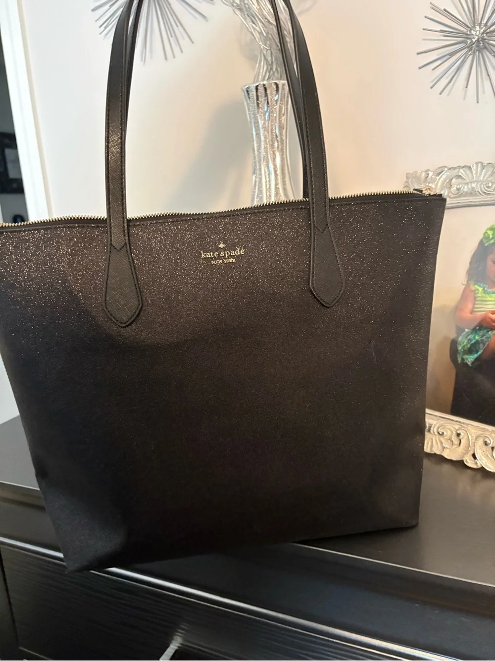 Bag-Kate Spade Black Glitter Tote - pack back Sparkle